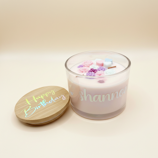 16 oz- 'FLOWERLY LOVE' - 'Happy Birthday' Embedded Coconut Candle