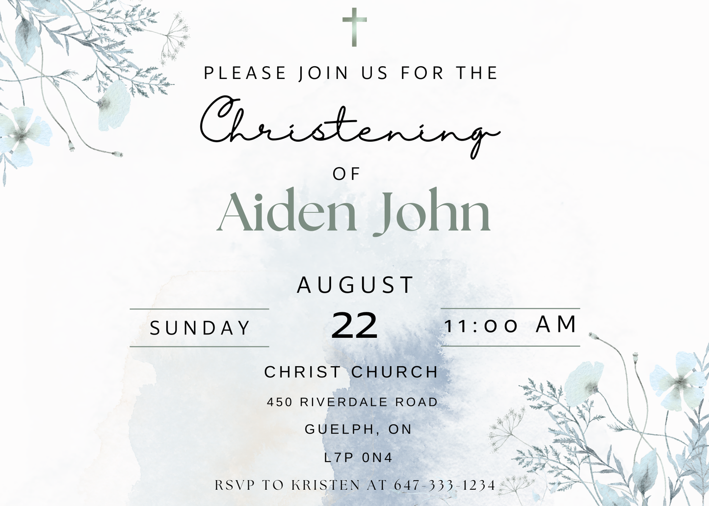 Christening Invitation - Blue/Grey Watercolor (customizable)