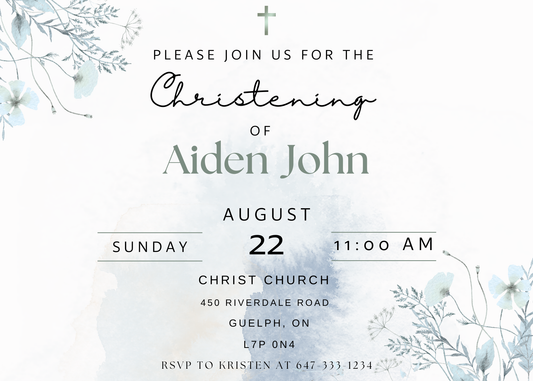 Christening Invitation - Blue/Grey Watercolor (customizable)