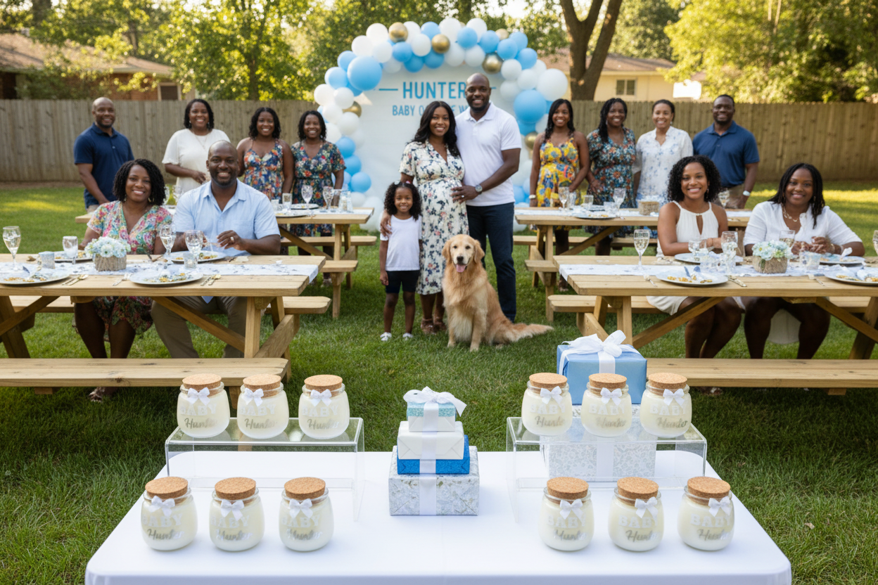 Baby shower with Baby Hunter candles and silver accents