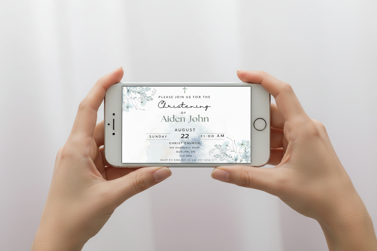 Christening Invitation on Silver iPhone in Hands