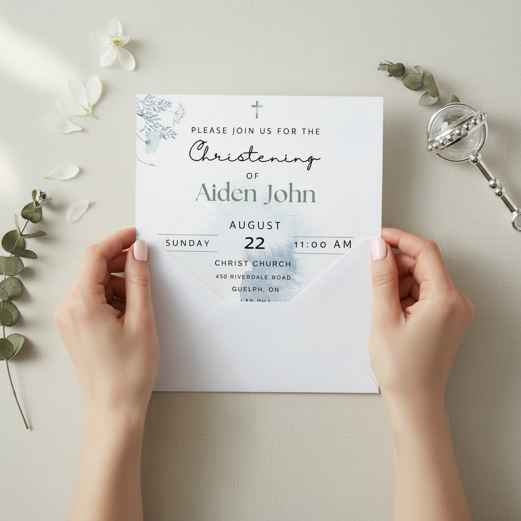 Christening invitation with white envelope and flowers