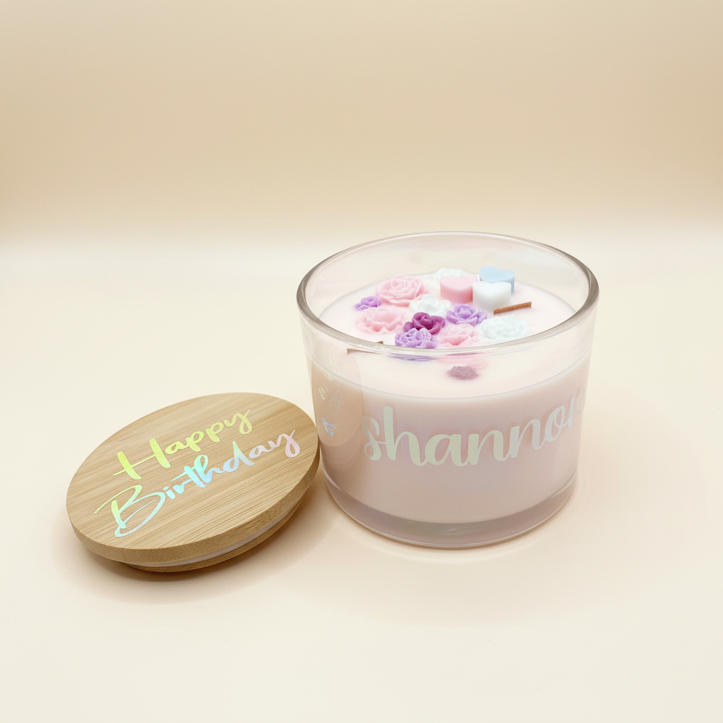 16 oz- 'FLOWERLY LOVE' - 'Happy Birthday' Embedded Coconut Candle