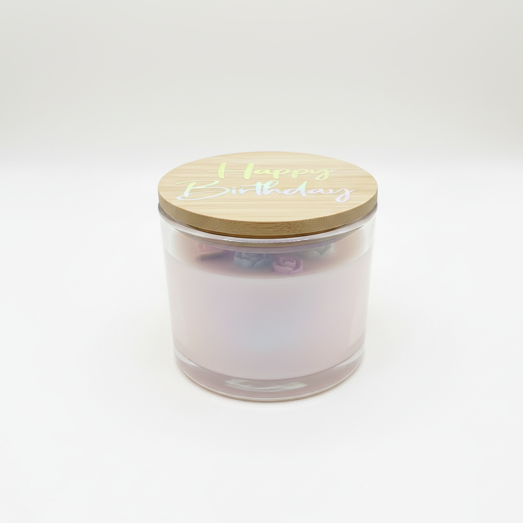Closed candle jar with Happy Birthday lid