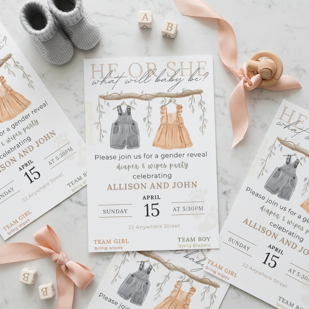 Gender reveal invitation with grey and peach styling