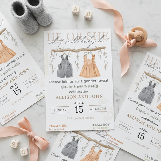 Gender reveal invitation with grey and peach styling