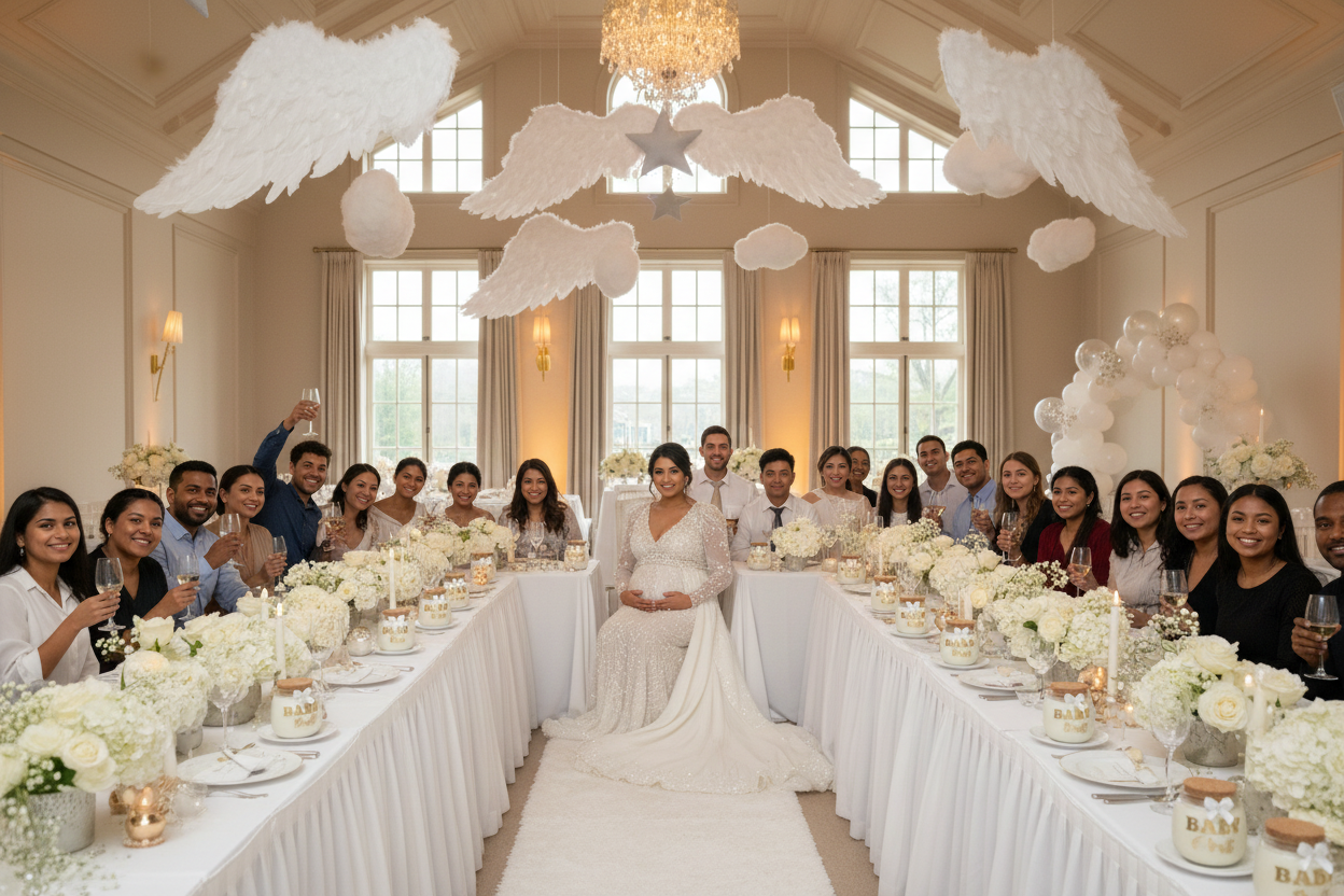 Grand heaven-themed shower with diverse guests