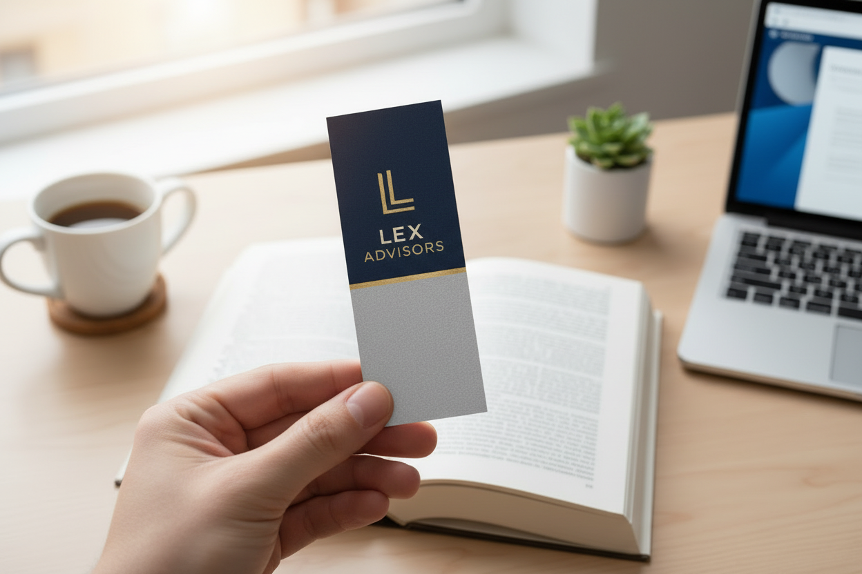 Hand holding bookmark with office backdrop