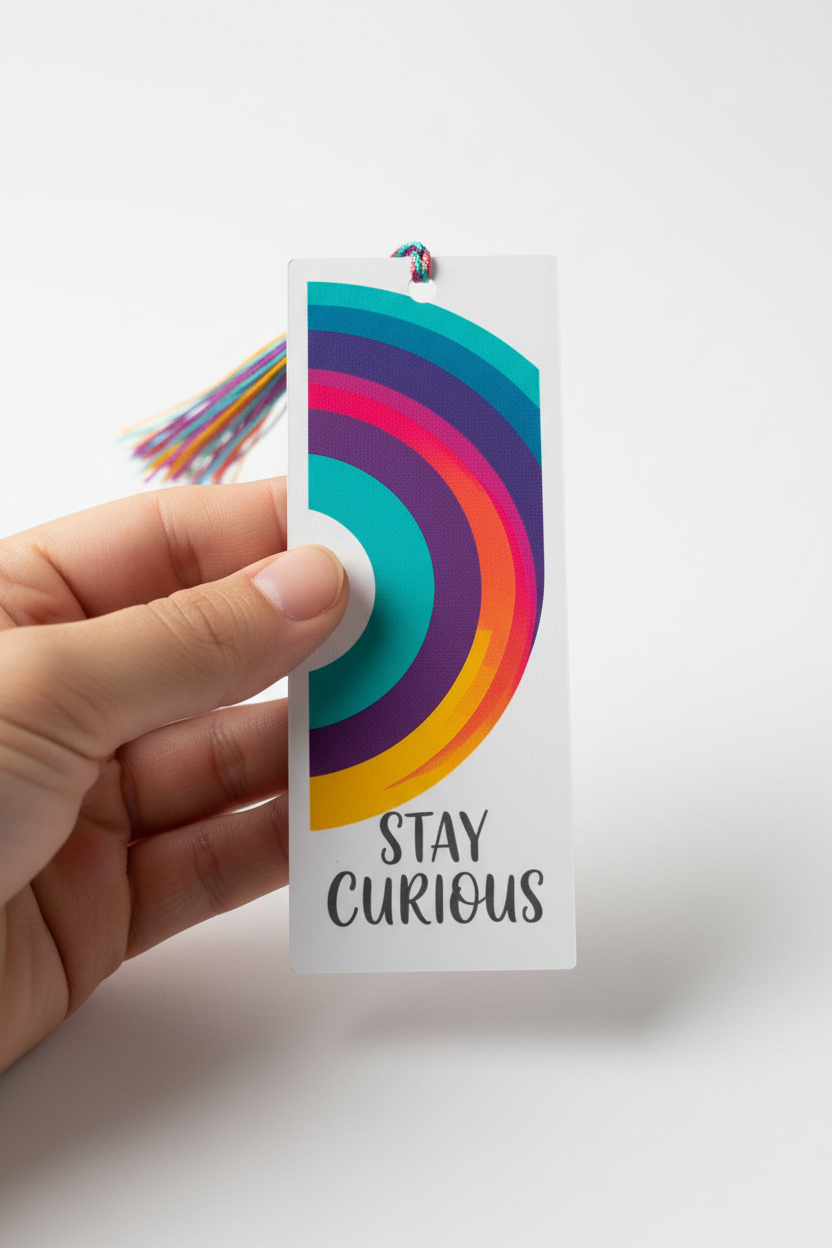 Hand holding rainbow bookmark with quote