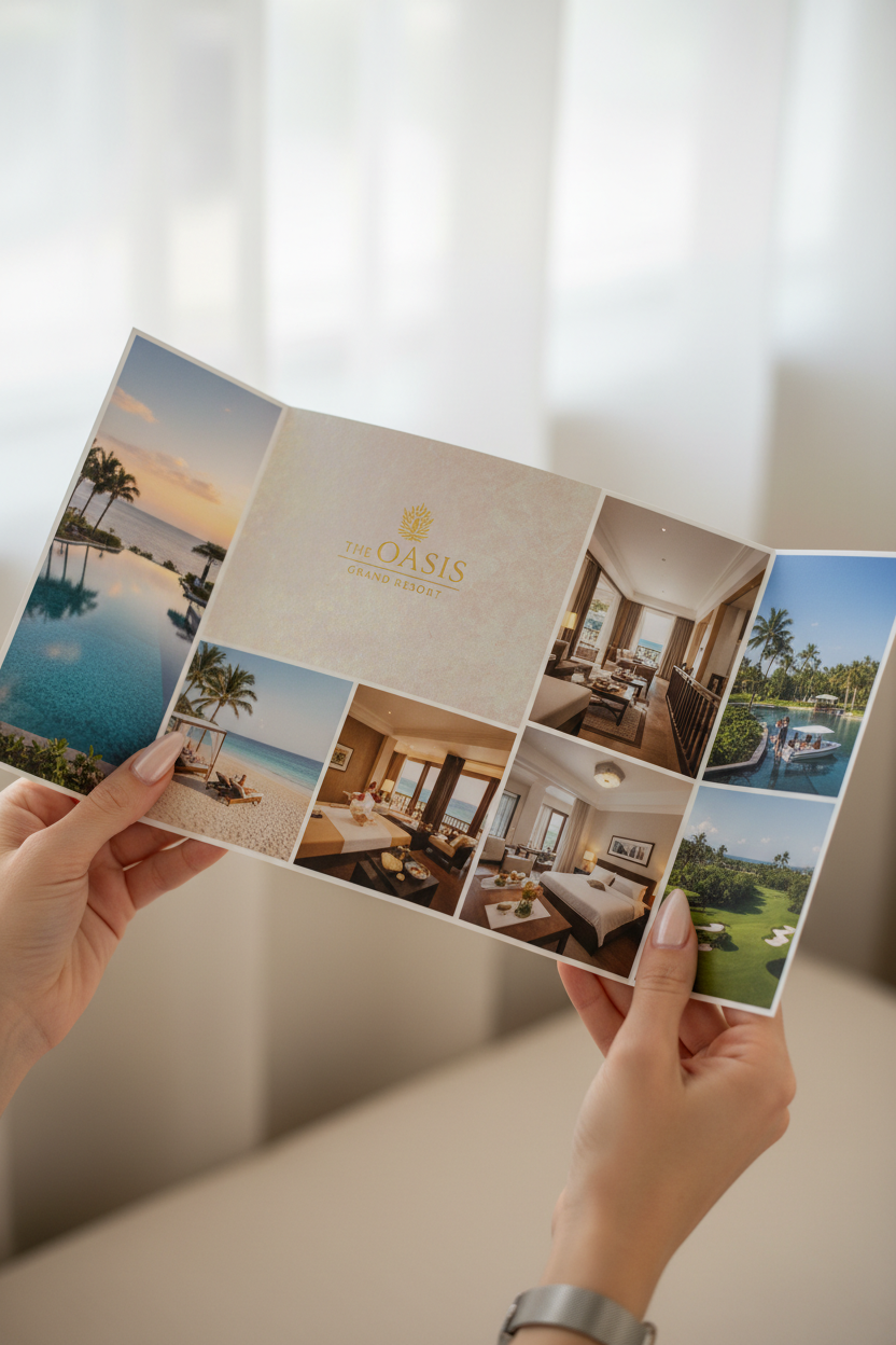 Hands holding hotel brochure