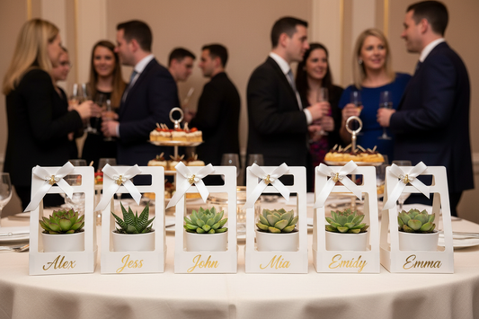 Personalized succulent favors at corporate celebration with guests