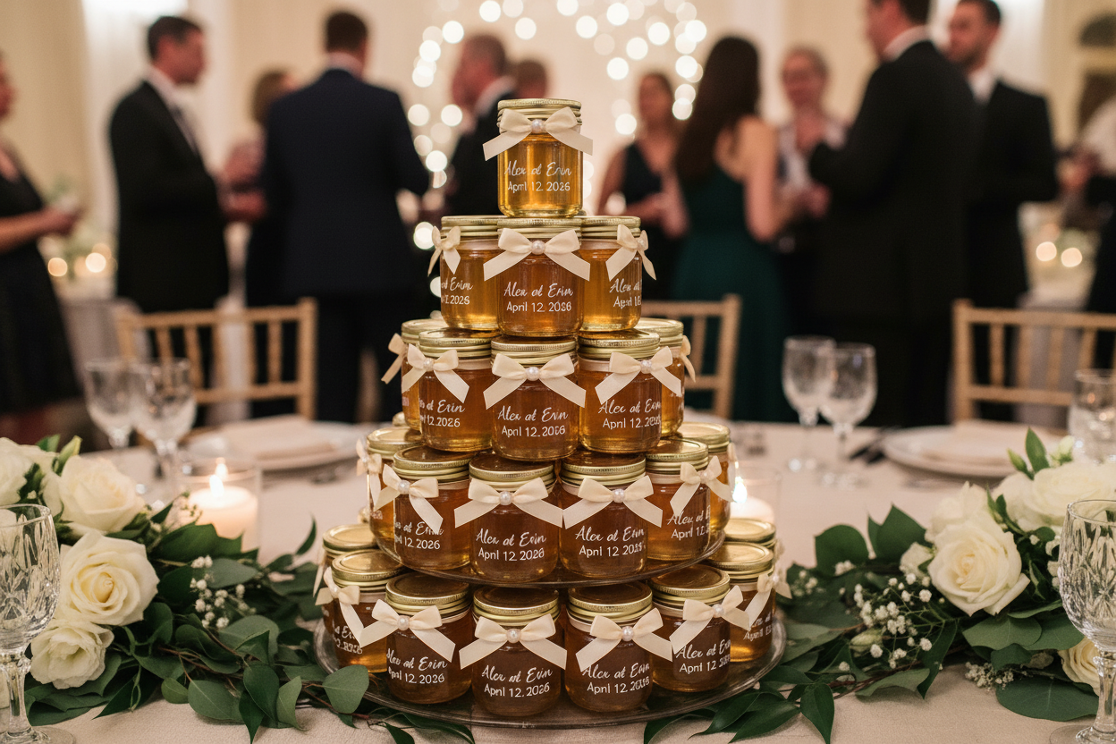 Honey wedding favours tower display at wedding reception