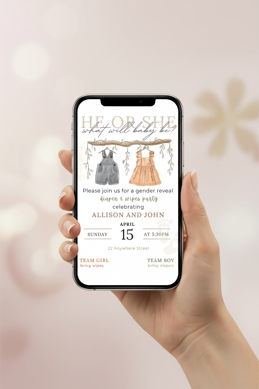 Gender reveal invitation displayed on smartphone in hand showing diaper and wipes party details
