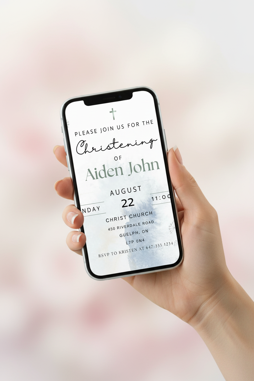 Blue and grey watercolor christening invitation displayed on smartphone in hand