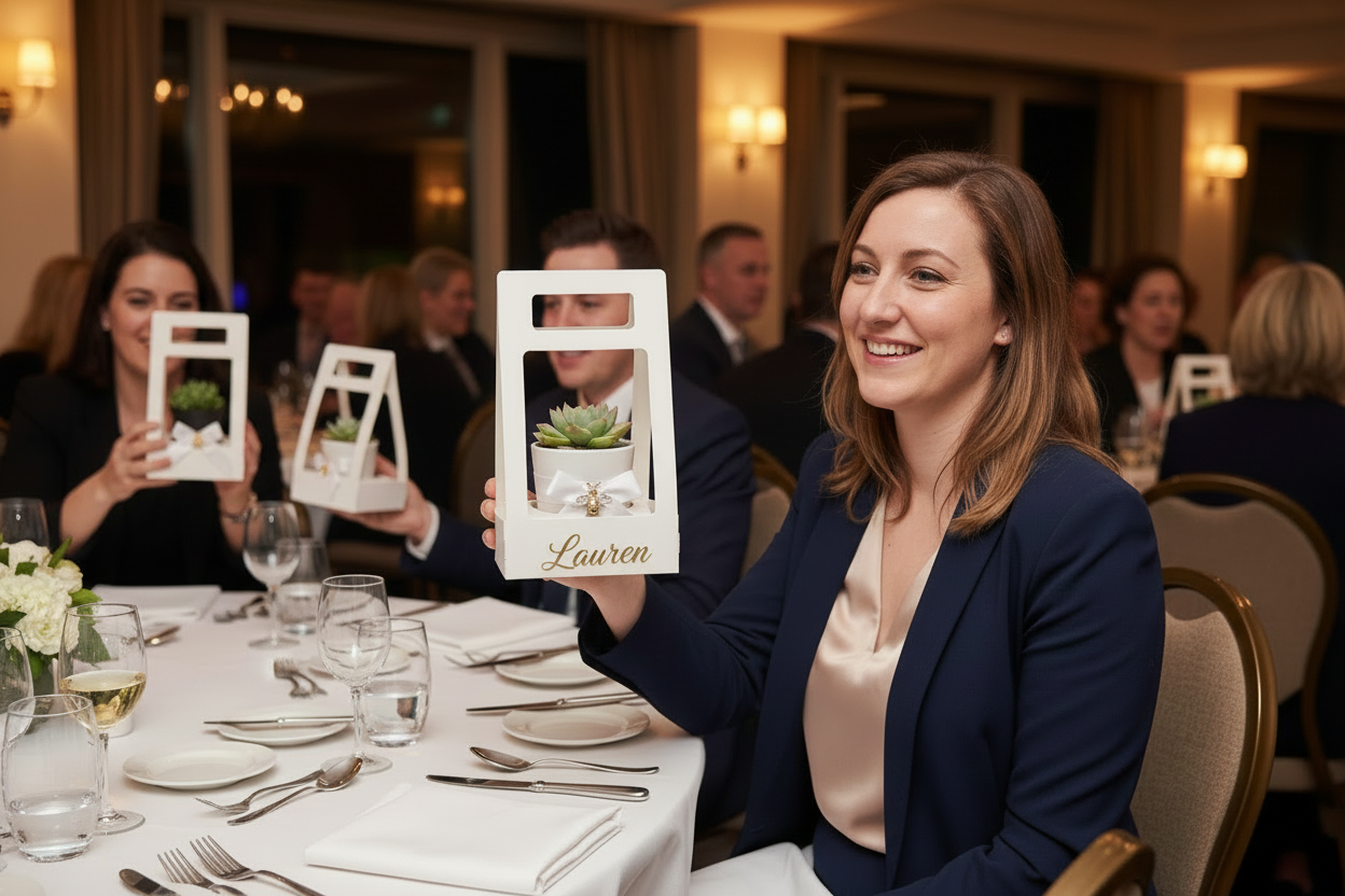 Personalized succulent gift with Lauren name at corporate event