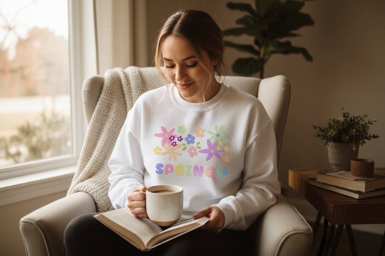 Springy sweatshirt - cozy indoor lifestyle shot