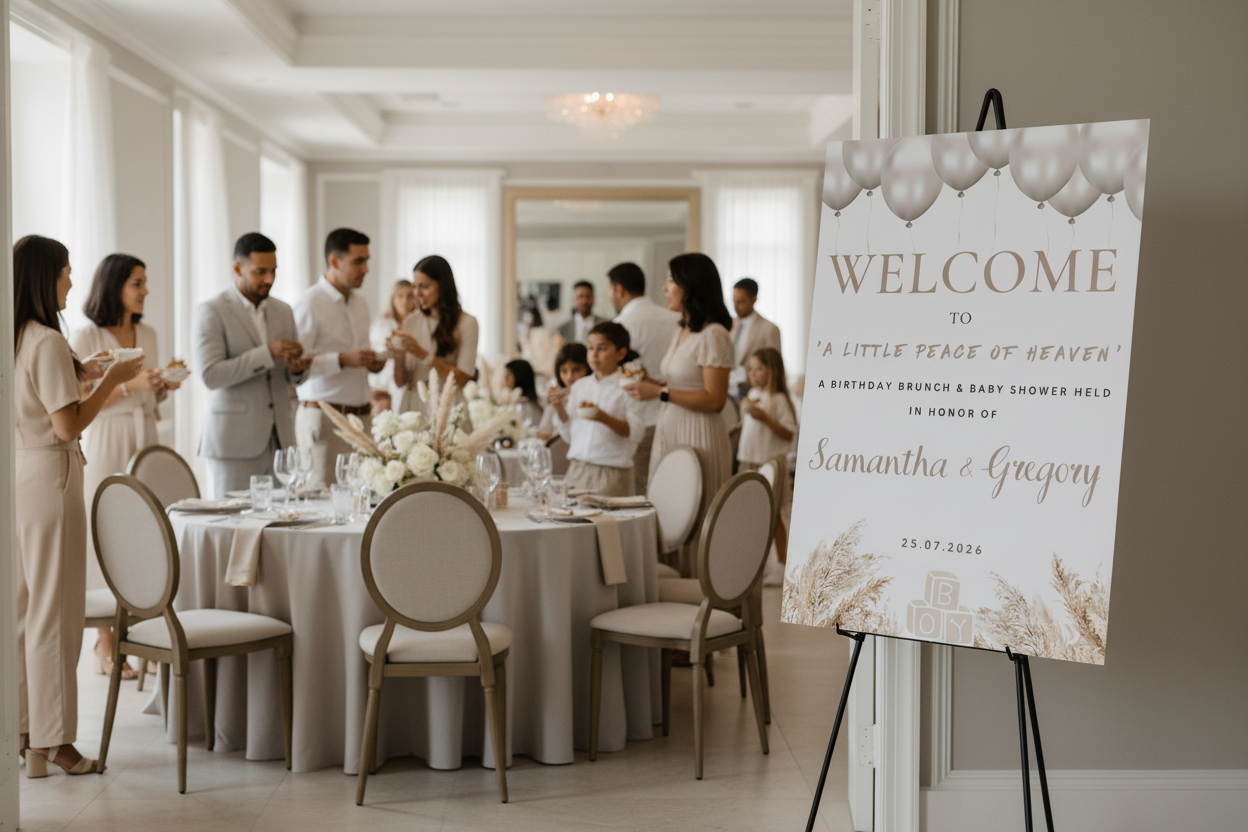 Welcome sign angled on right side at entrance