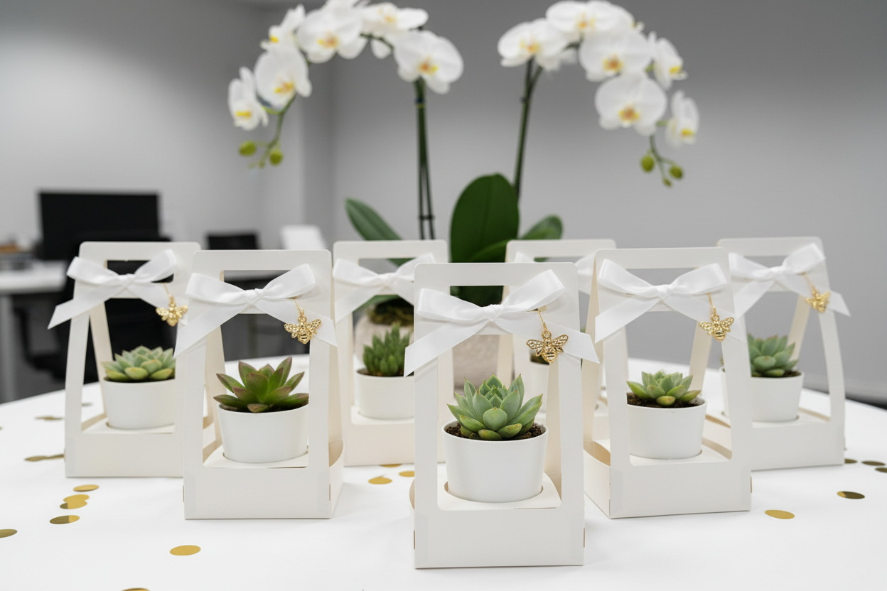 White ceramic succulents in windowed cardboard holders with bows and bee charms